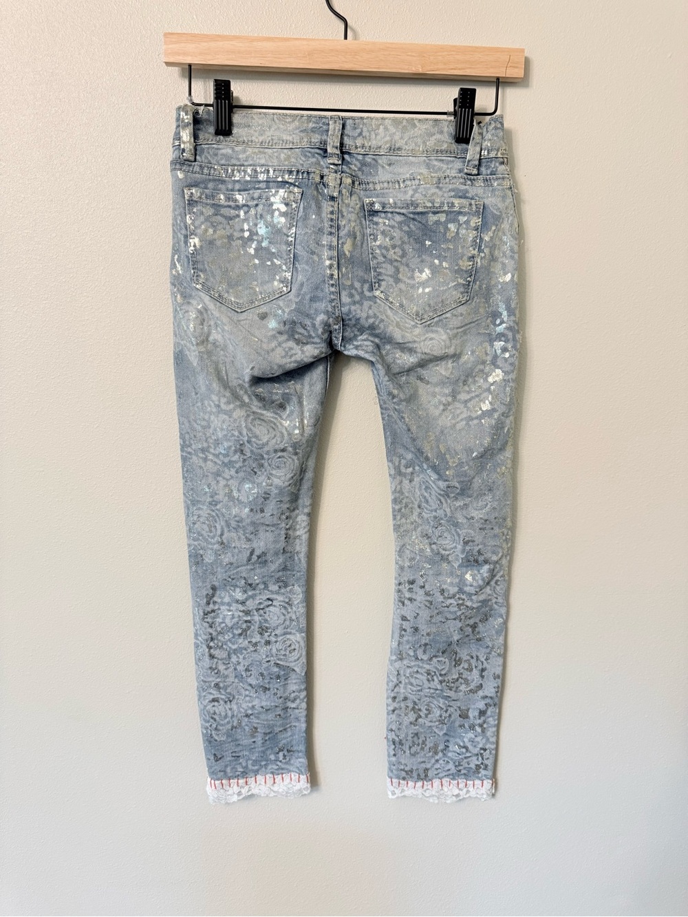 Angela Mele Milano Patchwork Embellished Cropped Jeans XS Italy Lace Sequin - Picture 8 of 10